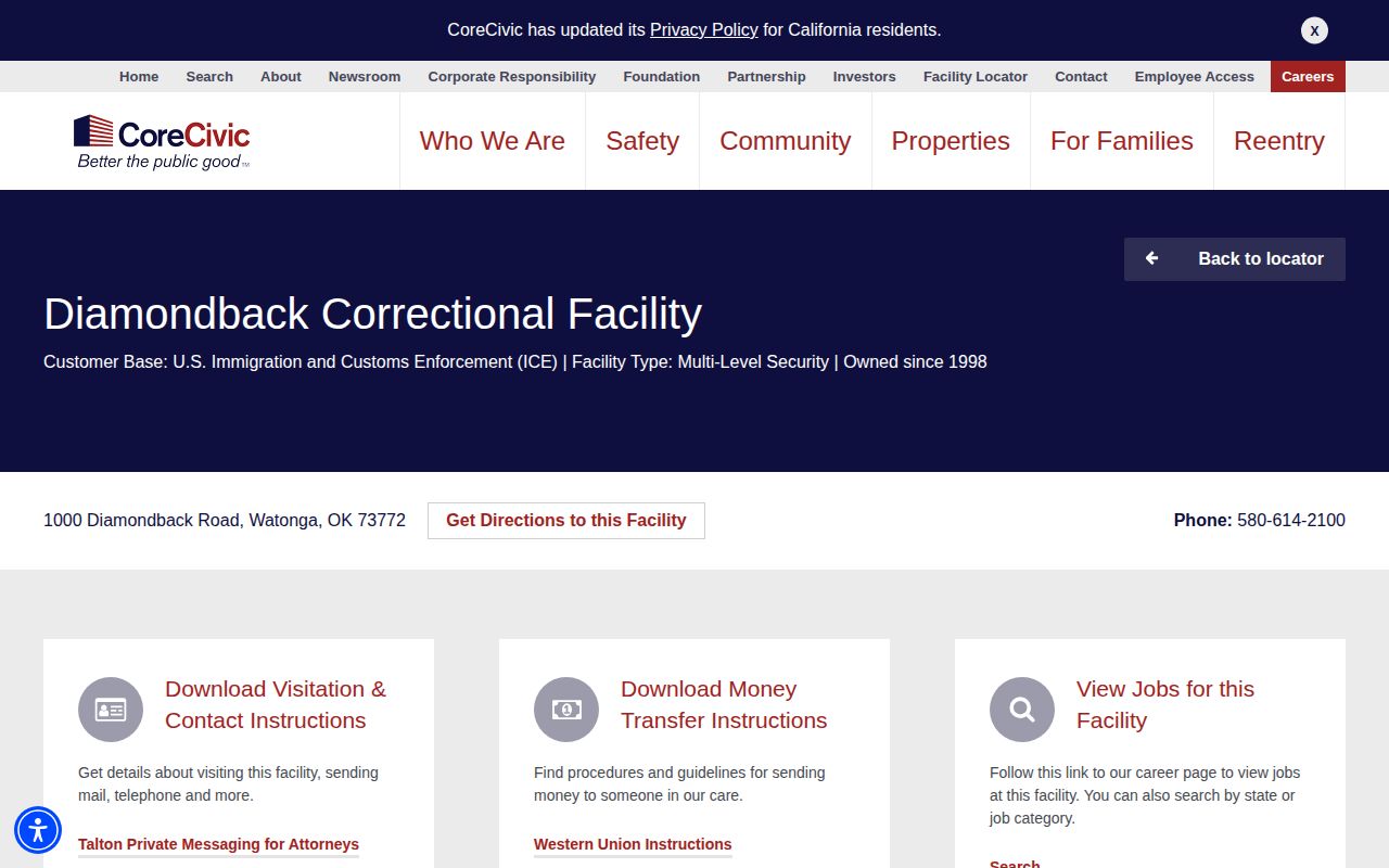 Diamondback Correctional Facility ICE release contact source