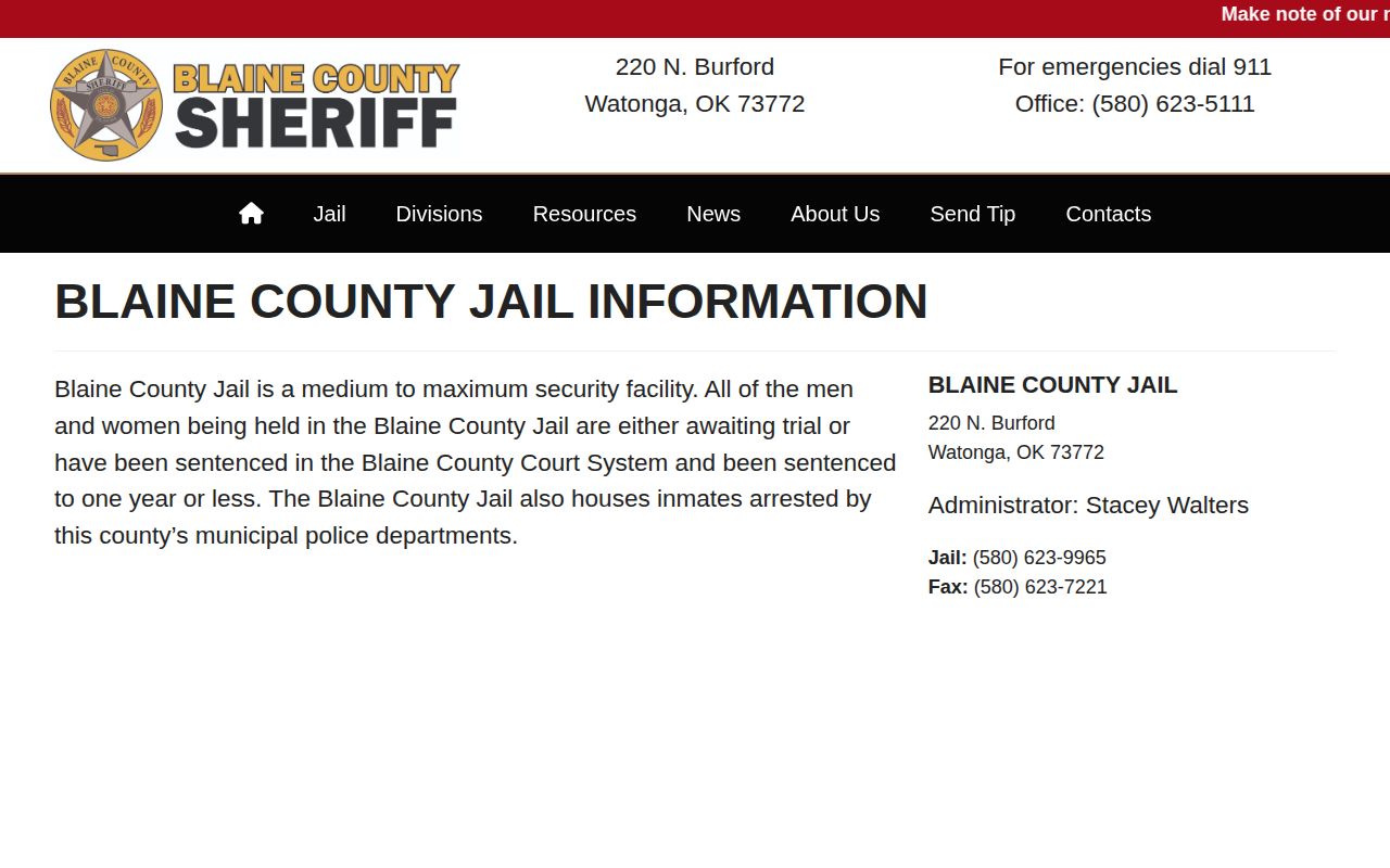 Blaine County Jail release record and custody information page
